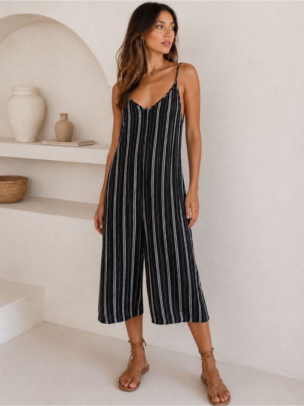 Black White Striped Romper Wide Leg Minimalist Coastal Boho Jumpsuit